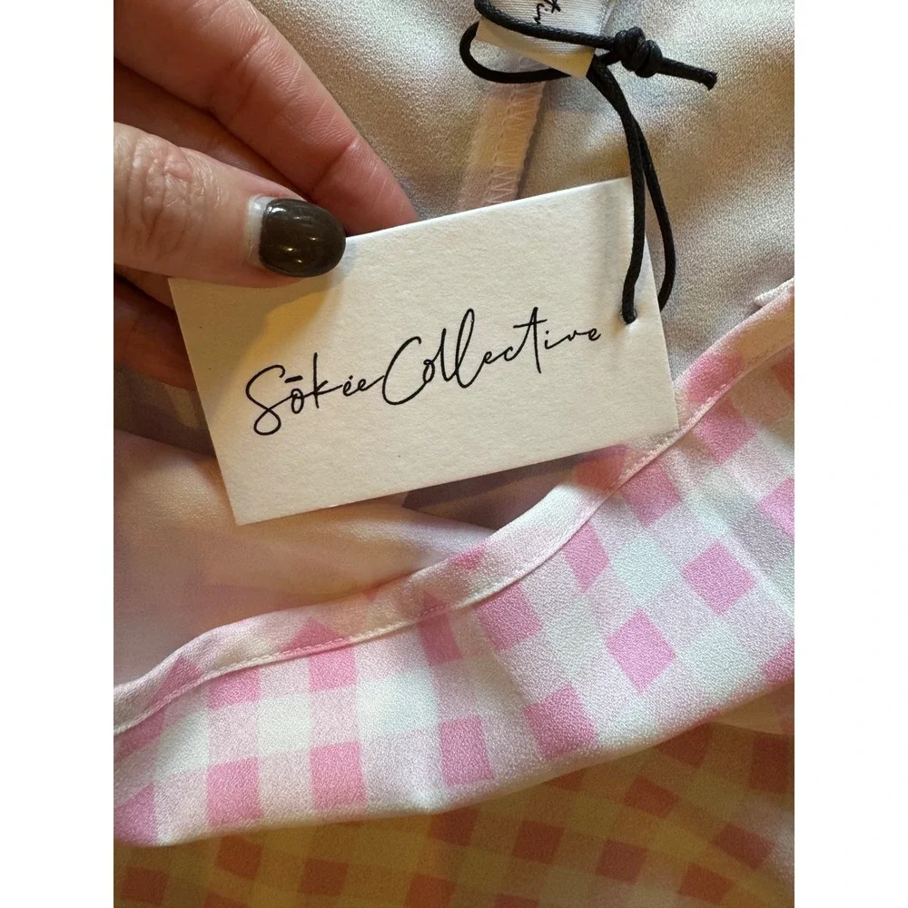 Sökie Collective Skirt Women Small Pink White Gingham‎ Ruffle Midi NWT Preppy